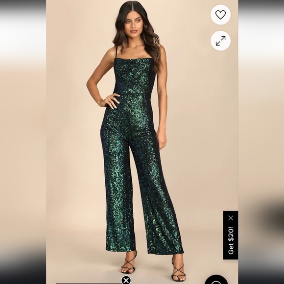 Lulu's Green Iridescent Sequin Wide-Leg Jumpsuit Size S - Picture 1 of 6